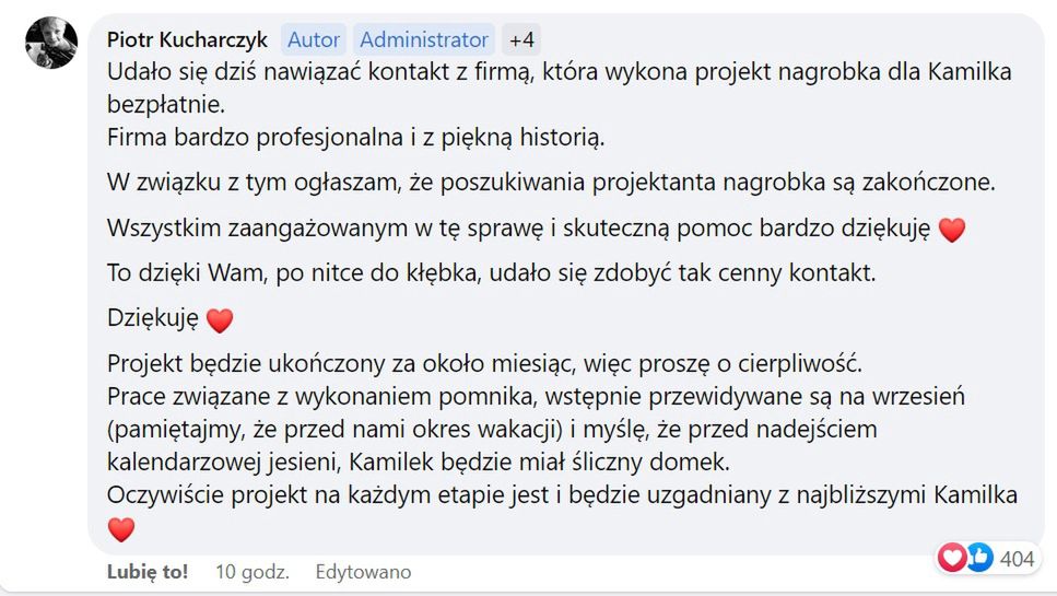 Firma wykona bezpłatny projekt nagrobka dla Kamilka