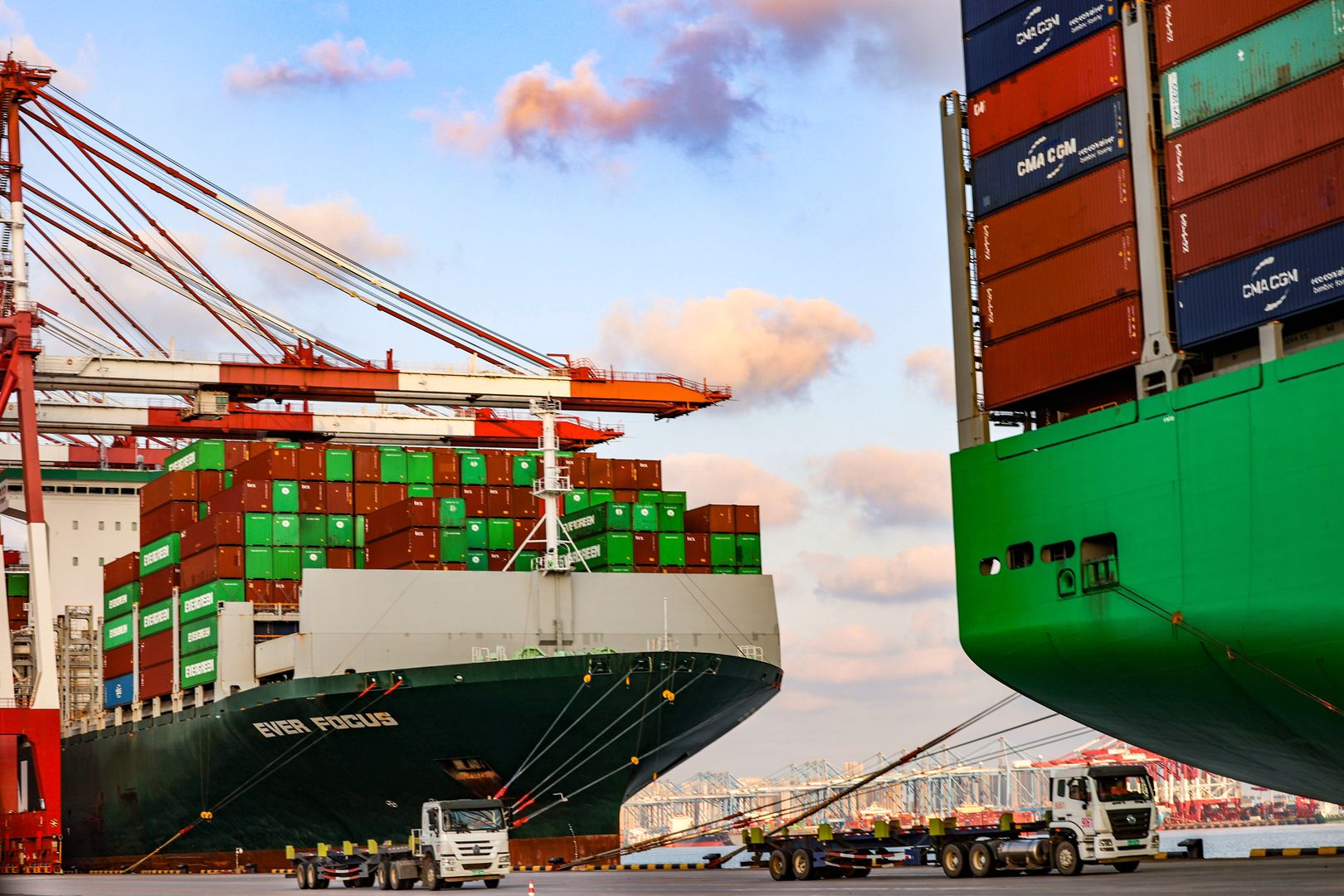 Qingdao Port Qianwan Container TerminalA large container ship conducts container operations at a berth at the Qianwan Container Terminal of Qingdao Port in Qingdao, China, on November 8, 2024. (Photo by Costfoto/NurPhoto via Getty Images)NurPhotoshipping industry, maritime, trade, maritime industry, berth, global commerce, november 8, infrastructure, vessel, terminal, port operations, cargo handling, export, nurphoto, container operations, trade hub., logistics, costfoto, qingdao port, qianwan container terminal, port facilities, dock, china, chn, import, cargo, port, sea freight