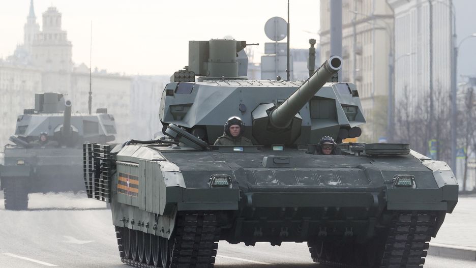 MOSCOW, RUSSIA - MAY 7, 2022: A T-14 Armata main battle tank heads for Red Square to participate in the dress rehearsal for the upcoming Victory Day parade set to mark the 77th anniversary of the victory over Nazi Germany in World War II. Vladimir Gerdo/TASS