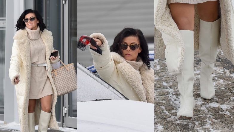 Katarzyna Cichopek w białych kozaczkach na śniegu 