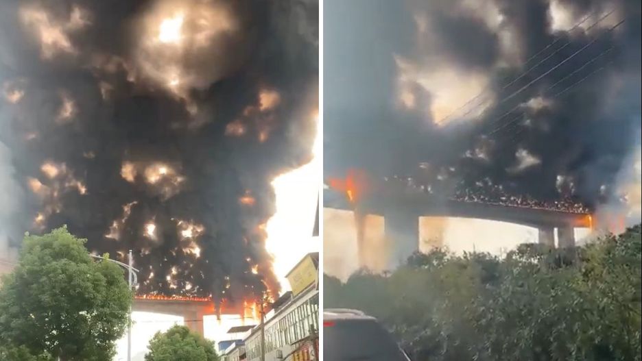 Pożar ciężarówki przewożącej olej w Chinach