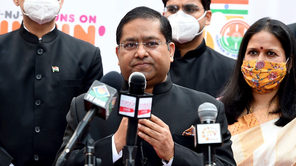 NEW YORK, NEW YORK - AUGUST 15: Consul General of India in New York, Randhir Jaiswal attends a ceremony where the national flag of India is hoisted at Times Square to mark Indian Independence Day on August 15, 2020 in New York City. The national holiday commemorates India's independence from the United Kingdom on August 15, 1947.  (Photo by Jamie McCarthy/Getty Images)