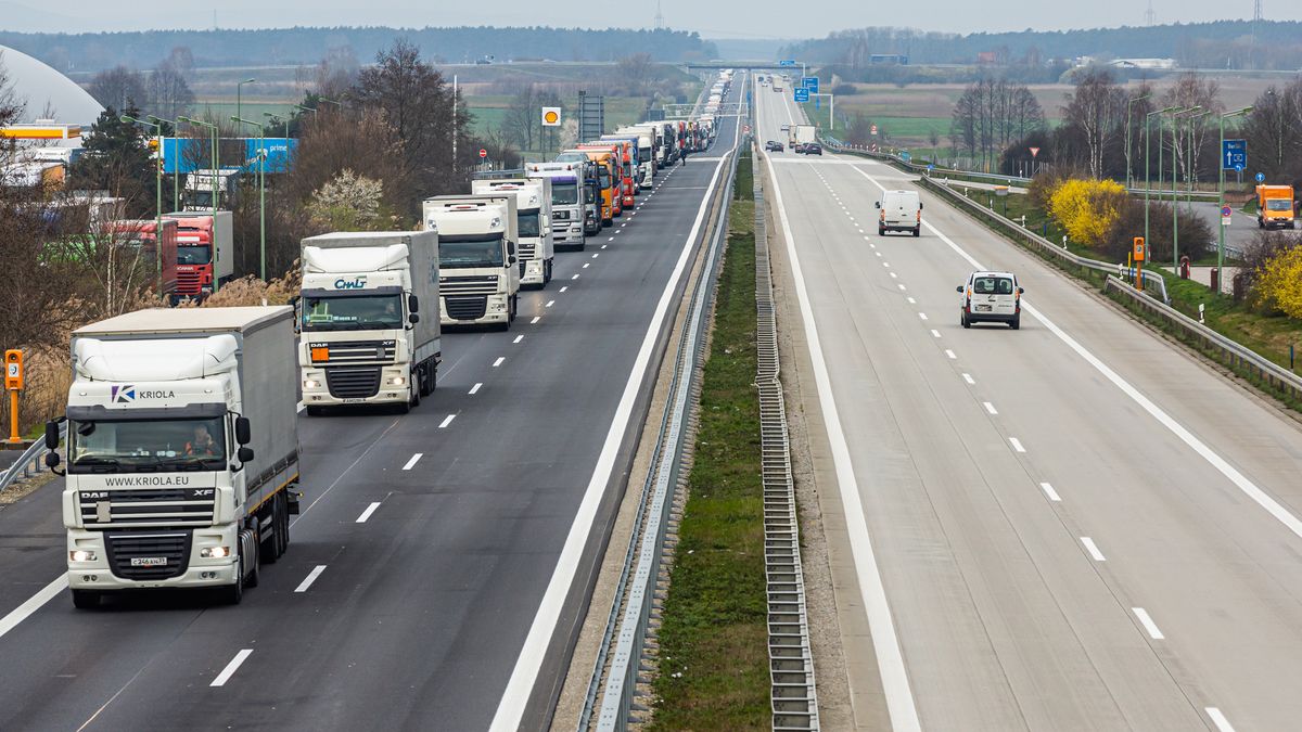 Haulage trucks sit in a traffic jam with their cargo on the east bound lane of the Bundesautobahn A12 during European Union (EU) citizen movement restrictions and coronavirus containment efforts on the border of Germany and Poland, in Frankfurt an der Oder, Germany, on Thursday, March 19, 2020. With much of Europe in lockdown not seen since World War II, responses to the spread of the Covid-19 outbreak are testing the most binding principle of the continents postwar integration projectthe freedom of movement enshrined in the 27-nation European Unions treaty. Photographer: Rolf Schulten/Bloomberg via Getty Images
