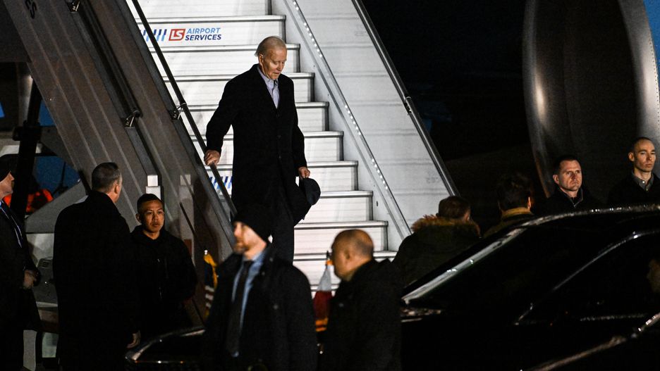 WARSAW, POLAND - FEBRUARY 20:  U.S. President Joe Biden arrives at Warsaw Chopin Airport on February 20, 2023 in Warsaw, Poland. Biden is in Warsaw for his second visit to the country in less than a year, coming after a surprise trip to Kyiv today to reinforce U.S. support for Ukraine almost a year after Russia's invasion began. (Photo by Omar Marques/Getty Images)
