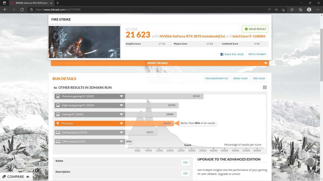 wynik testu z kartą mobilną GeForce RTX 3070 GTP 125