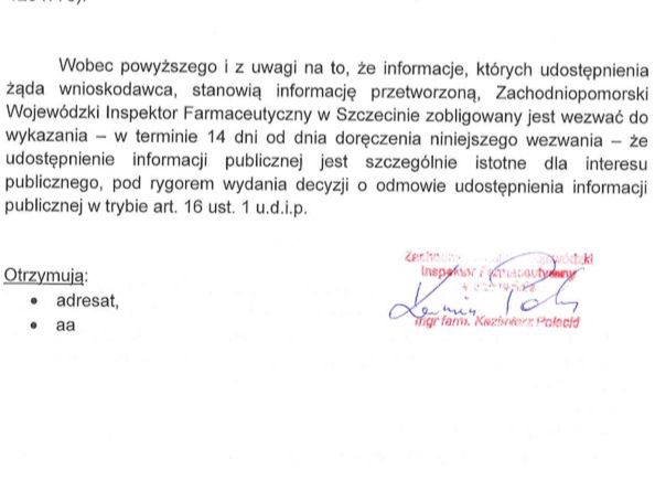 Pismo od Inspektora Kazimierza Poleckiego do reportera Wirtualnej Polski