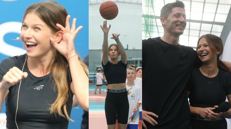 Anna i Robert Lewandowscy ćwiczą z dziećmi