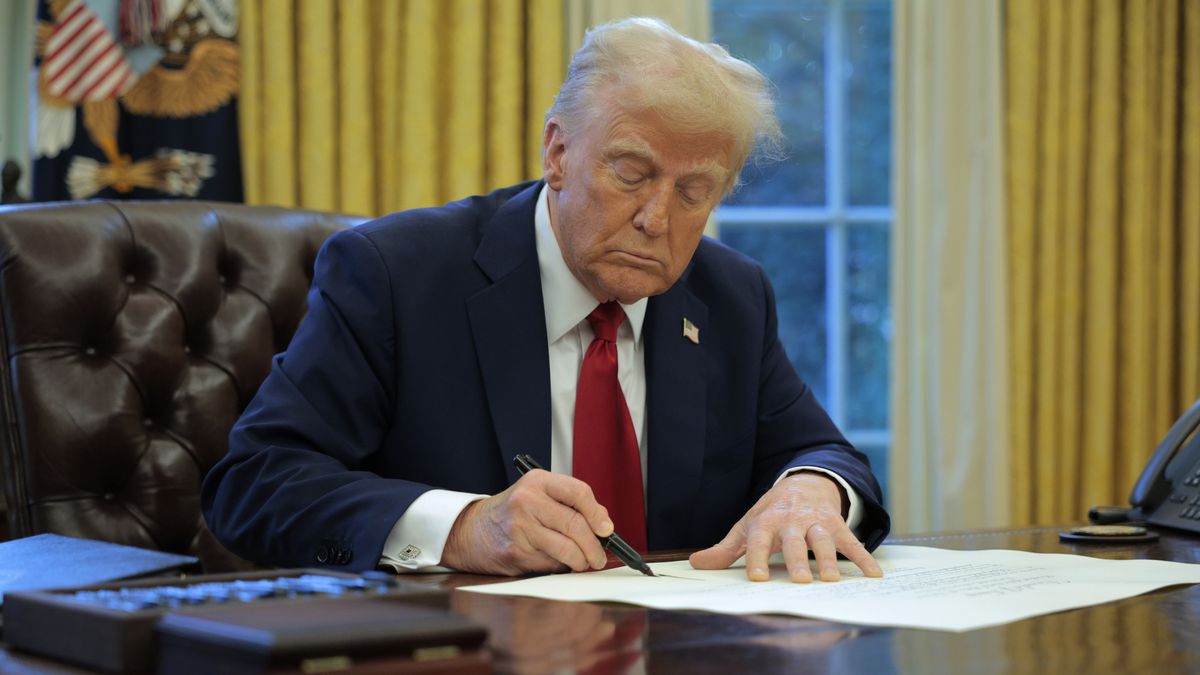 WASHINGTON, DC - JANUARY 30: U.S. President Donald Trump signs an executive order to appoint Chris Rocheleau as the Deputy Administrator of the Federal Aviation Administration in the Oval Office at the White House on January 30, 2025 in Washington, DC. Trump also signed a memorandum ordering an immediate assessment of aviation safety and ordering an elevation of what he called “competence” over “D.E.I.” (Photo by Chip Somodevilla/Getty Images)