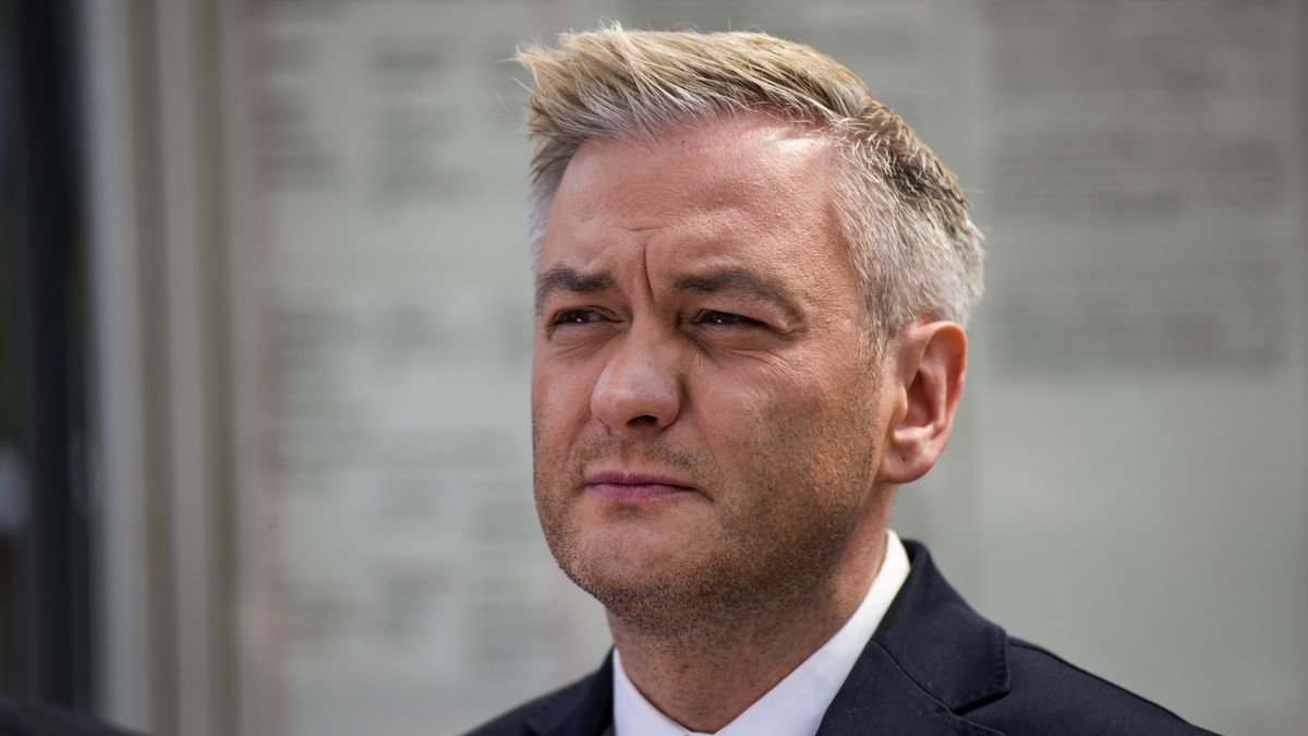 WARSAW, POLAND - 2021/05/24: Robert Biedron, the leader of Wiosna (Spring) political party attends a press conference in front of the Belarusian embassy in Warsaw.Outside the Belarusian embassy in Warsaw a press conference was held on the Ryanair plane, which was flying from Athens to Vilnius, was forced to land in the Belarusian capital of Minsk due to false information about the explosives on board. The Belarusian authorities detained the activist journalist and creator of Nexta, Roman Protasetich who was on board. The conference was organized by Robert Biedron, deputy of the European Parliament and leader of the Wiosna (Spring) political party, Stepan Putilo - a Belarusian journalist and co-creator of Nexta, Jana Shostak, a Polish -Belarusian activist. (Photo by Attila Husejnow/SOPA Images/LightRocket via Getty Images)