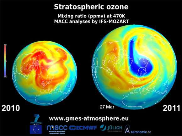 Dziura ozonowa nad Arktyką (Fot. Aeronomie.be)