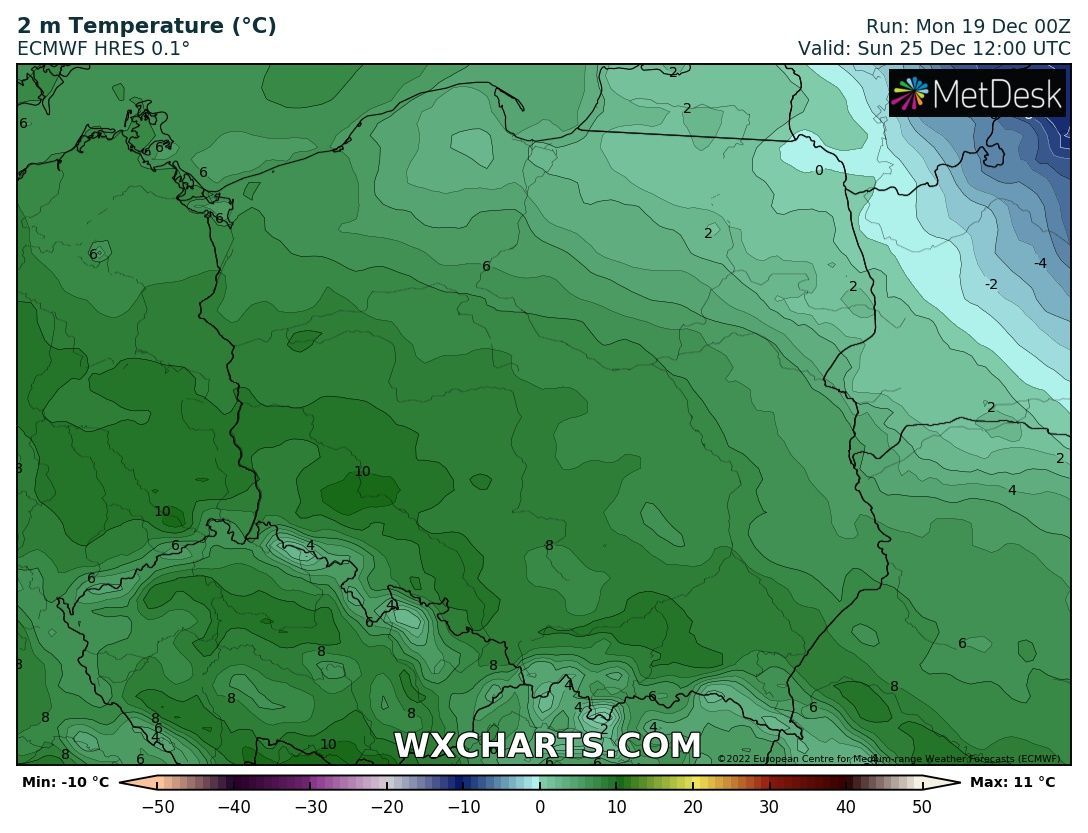Prognozowany zakres temperatury - 25 grudnia 2022, godzina 11:00