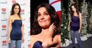 Katie Holmes odświeża modowy koszmarek sprzed lat. Zestawiła koktajlową sukienkę z podartymi dżinsami (ZDJĘCIA)