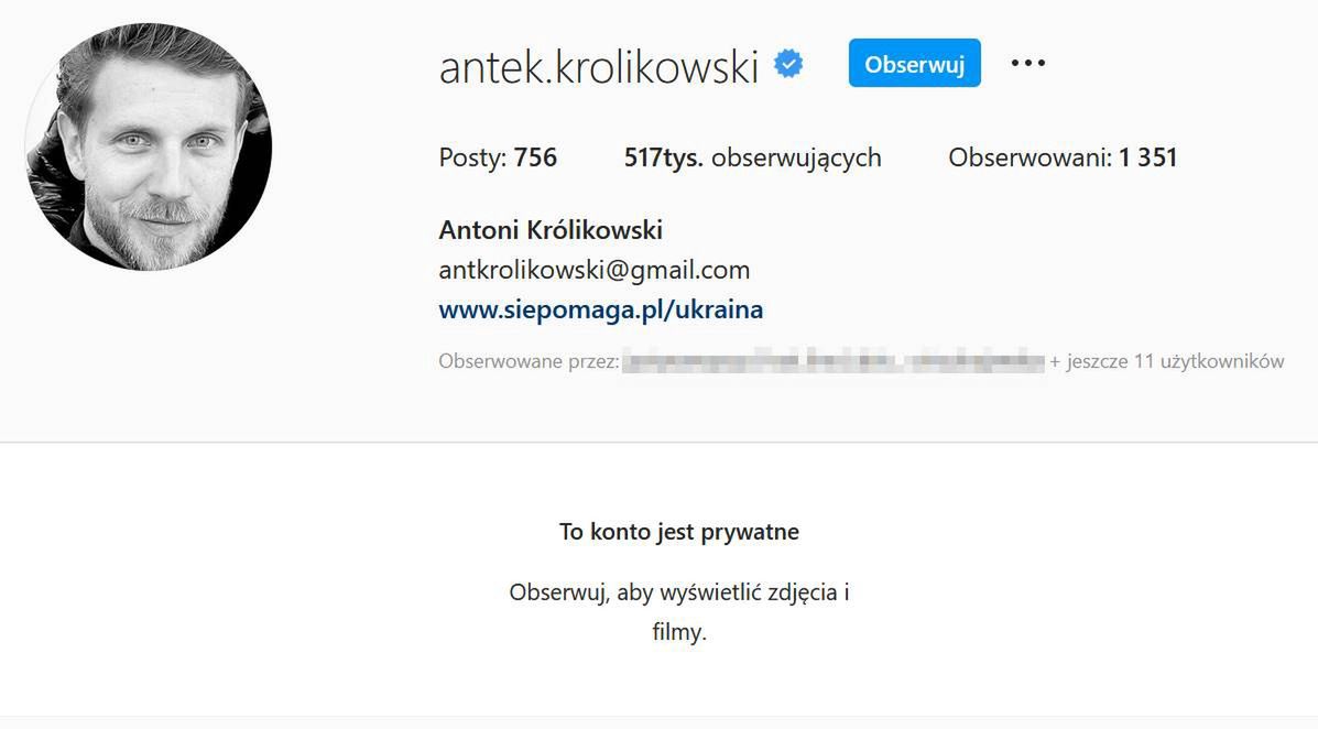 Antoni Królikowski ustawił konto na Instagramie na prywatne 