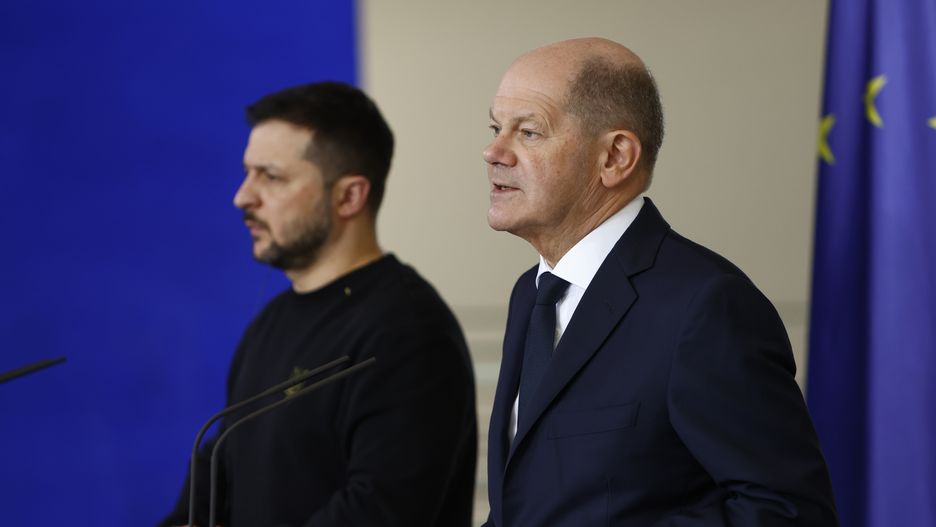 BERLIN, GERMANY - FEBRUARY 16: German Chancellor Olaf Scholz and Ukrainian President Volodomyr Zelensky attend the joint press conference at the Chancellery on February 16, 2024 in Berlin, Germany. Zelensky is in Germany to attend the Munich Security Conference. Scholz has been an outspoken supporter of military and financial aid to Ukraine, particularly as he seeks to rally other European nations to commit more in the face of what will very possibly be dwindling American support for Ukraine. Germany is the second largest donor of assistance to Ukraine after the USA. (Photo by Michele Tantussi/Getty Images)