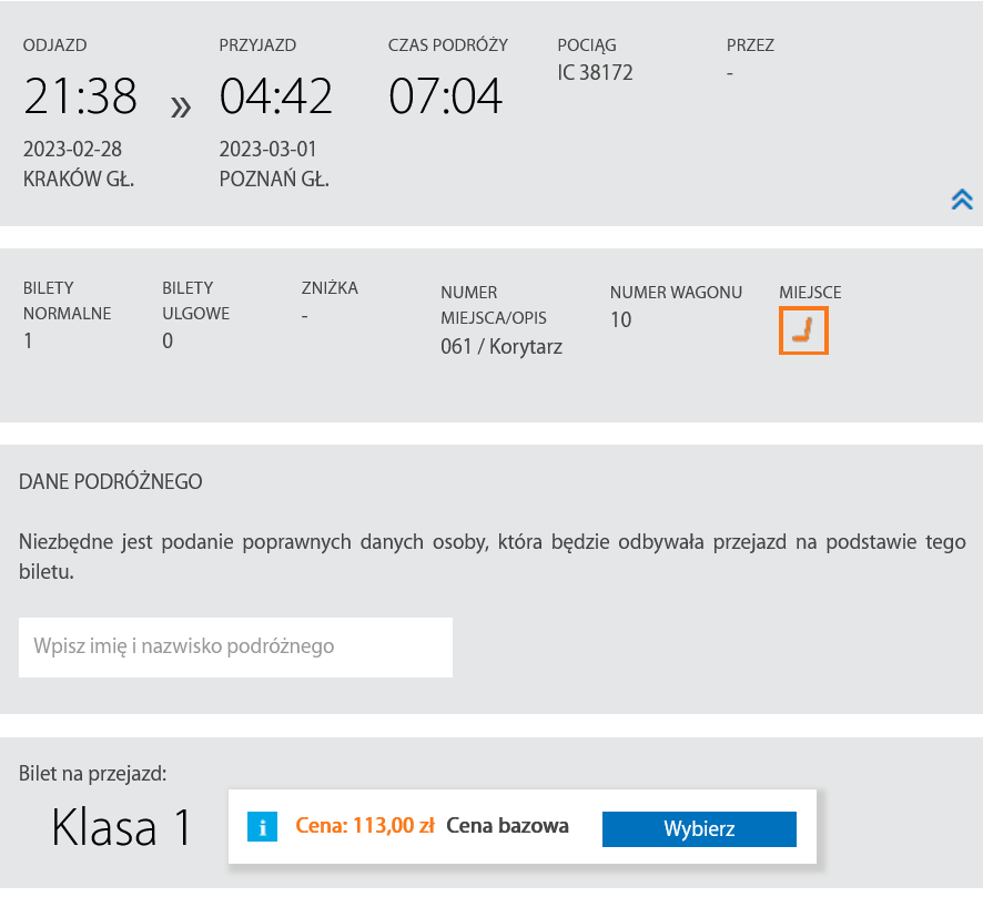 Tyle kosztował bilet normalny na przejazd drugą klasą w pociągu EIC z Warszawy do Krakowa między 11 stycznia a 1 marca