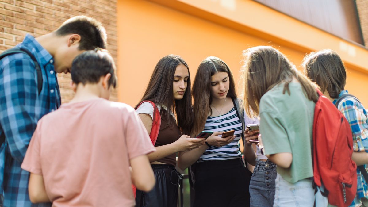 Teenage girls have fun and conversation using their mobile phones
Group of teenage students standing in schoolyard and using mobile phones. They are very happy and playful.
miljko