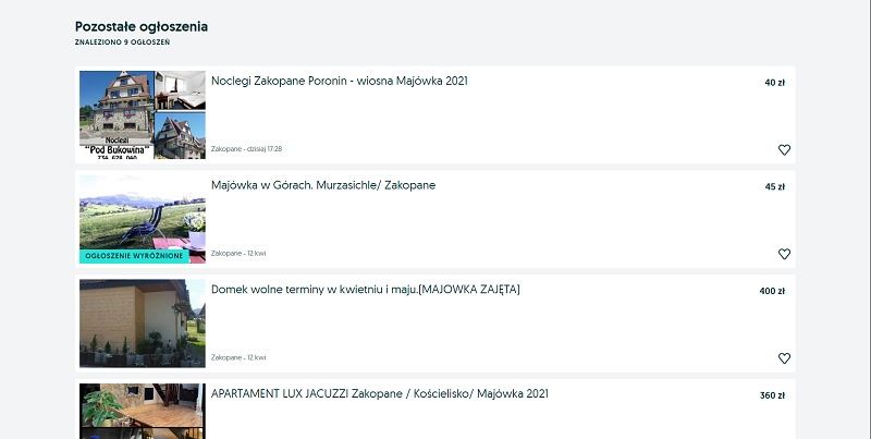 Przykładowe oferty noclegów na majówkę 2021 w Zakopanem