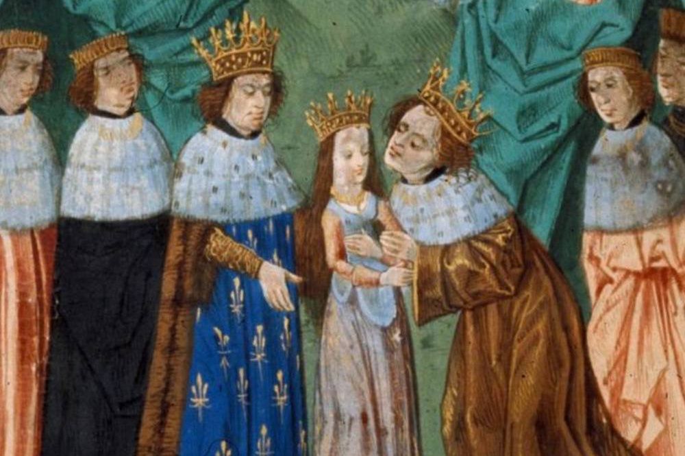 Angielski król Ryszard II i jego sześcioletnia narzeczona, prowadzona przez ojca na ślubny kobierzec. Miniatura z końca XV w.