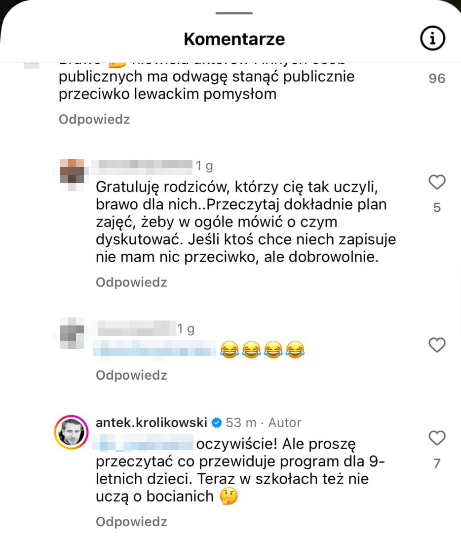 Komentarze pod rolką Antka Królikowskiego