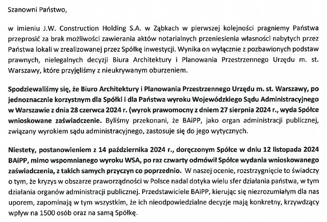 Fragment datowanego na 13 listopada pisma, które spółka J.W. Construction rozesłała mieszkańcom