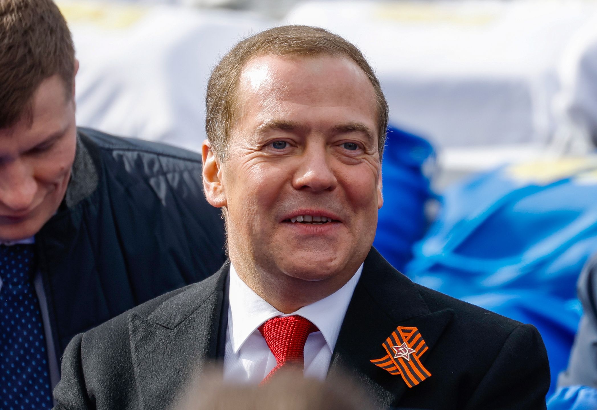 Deputy Chairman of Russia's Security Council Dmitry Medvedev attends a military parade on Victory Day, which marks the 77th anniversary of the victory over Nazi Germany in World War Two, in Red Square in central Moscow, Russia May 9, 2022.