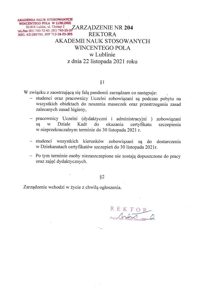 Zarządzenie rektora Akademii Nauk Stosowanych Wincentego Pola w Lublinie ws. certyfikatów szczepień