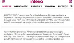 Interia.pl przeprasza Rafała Brzozowskiego za krytyczne recenzje płyt, które naruszyły jego cześć