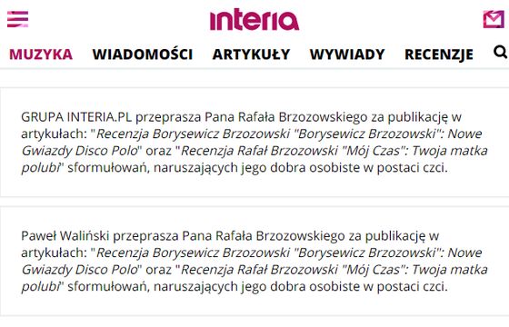Interia.pl przeprasza Rafała Brzozowskiego za krytyczne recenzje płyt, które naruszyły jego cześć