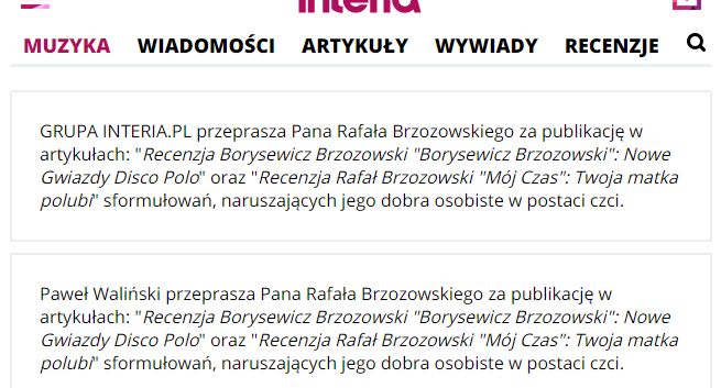 Interia.pl przeprasza Rafała Brzozowskiego za krytyczne recenzje płyt, które naruszyły jego cześć