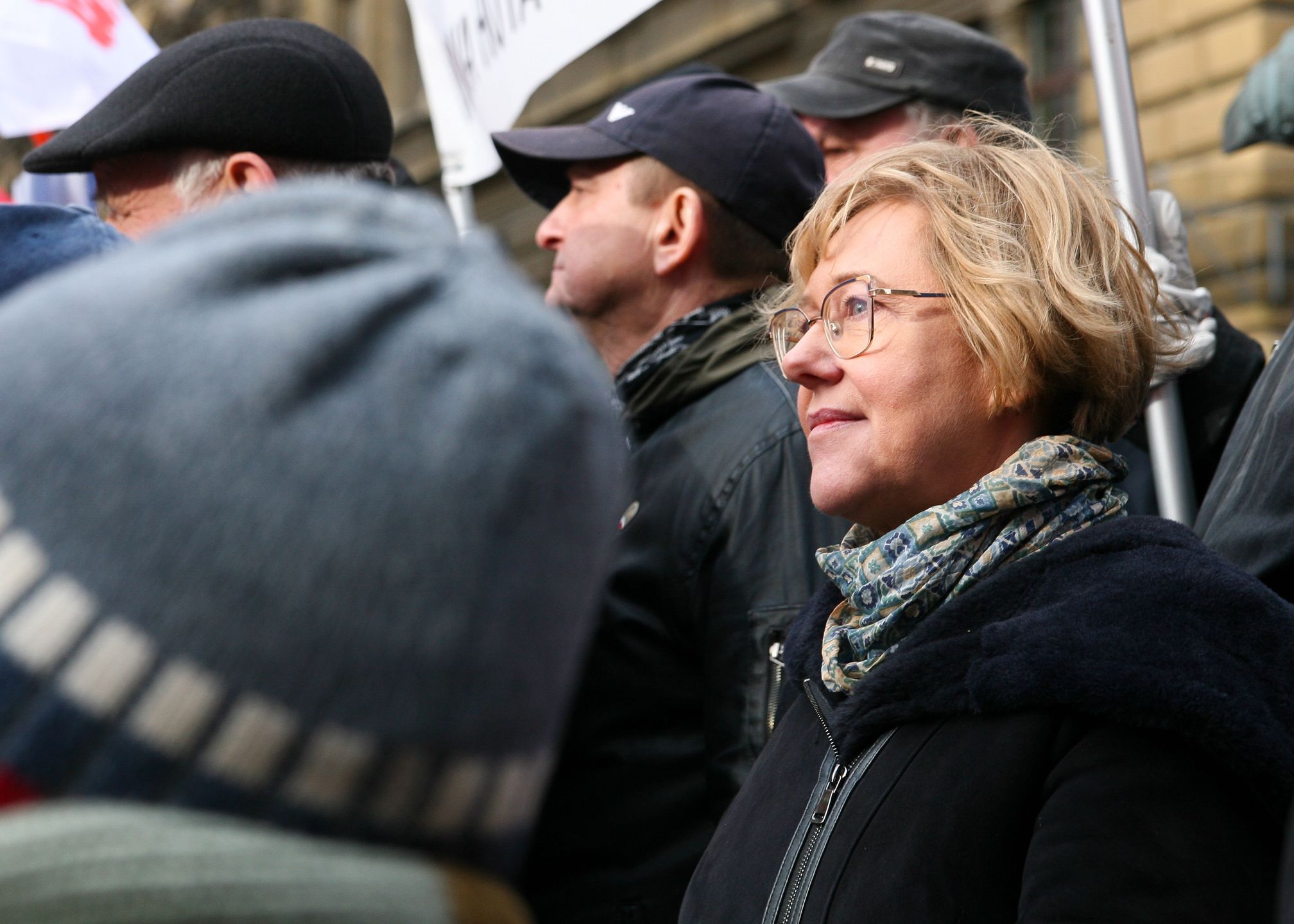 Barbara Nowak is protesting against changes in public media and in defense of Mariusz Kaminski and Maciej Wasik at Matejki Square in Krakow, Poland, on February 3, 2024. The new coalition government's changes to the public media have sparked protests from PiS supporters. The occupation of the public television's headquarters by PiS party politicians and the liquidation of TVP are a result of personnel changes and the president's veto on a budget-related bill. A protest has been organized at Matejki Square in solidarity with Mariusz Kaminski and Maciej Wasik, who are being detained by the police. (Photo by Klaudia Radecka/NurPhoto via Getty Images)
