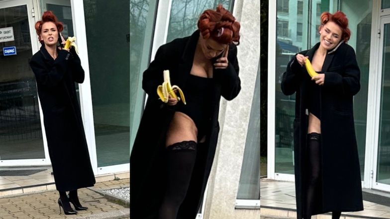 Natasza Urbańska wcina banana z wałkami na głowie