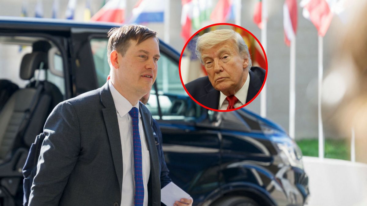 Na zdjęciu wiceminister rozwoju i technologii Michał Baranowski, w kółku Donald Trump