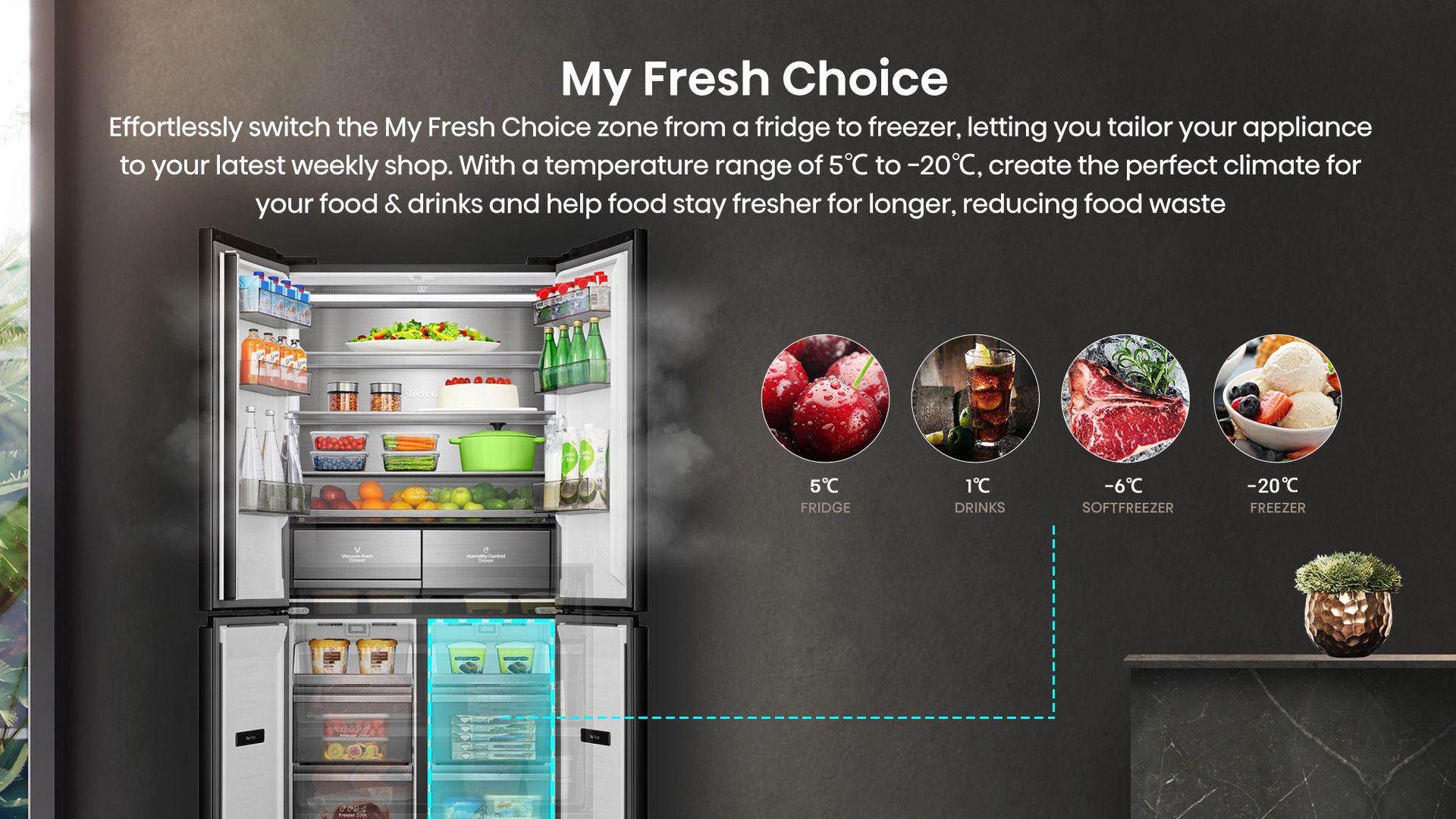   Otwarta lodówka multudoor RQ768N4GBE z informacjami o systemie My Fresh Choice