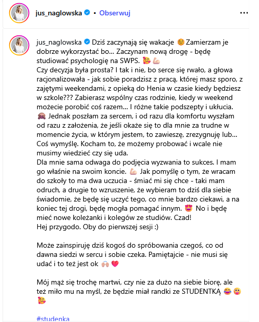 Żona Borysa Szyca rozpoczyna nowe studia!