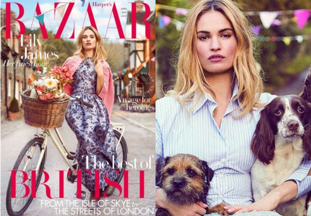 Lily James pozuje z pieskami w "Harper's Bazaar"