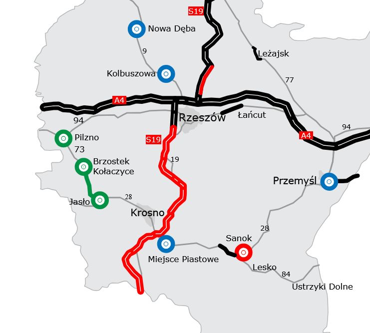 Droga S19 w budowie w woj. podkarpackim (na czerwono)