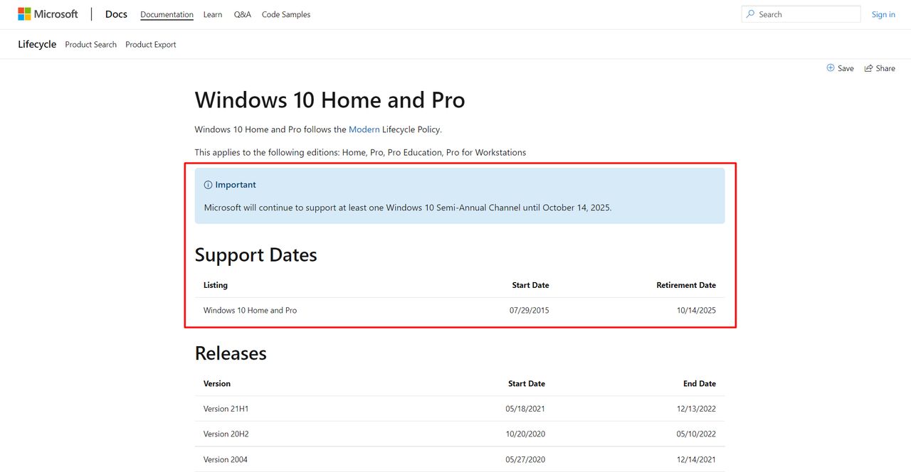 Informacje o wsparciu Windows 10 w dokumentacji