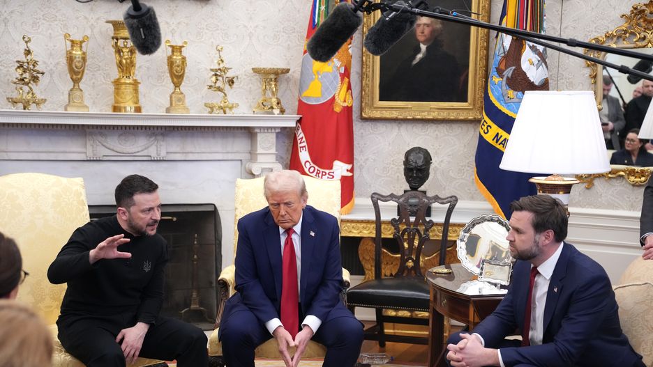 WASHINGTON, DC - FEBRUARY 28: U.S. President Donald Trump (C) and Vice President JD Vance meet with Ukrainian President Volodymyr Zelensky in the Oval Office at the White House on February 28, 2025 in Washington, DC. Trump and Zelensky are meeting today to negotiate a preliminary agreement on sharing Ukraine’s mineral resources that Trump says will allow America to recoup aid provided to Kyiv while supporting Ukraine’s economy. (Photo by Andrew Harnik/Getty Images)