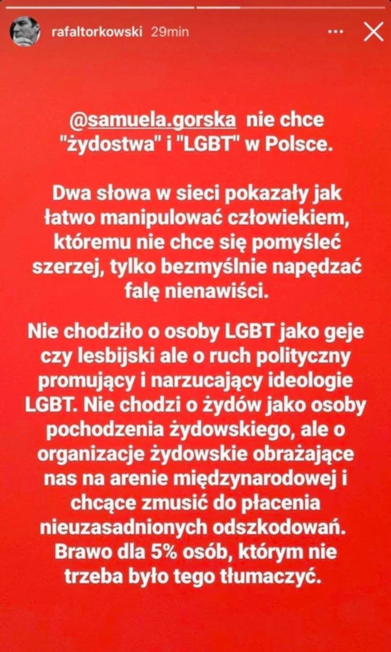 Rafał Torkowski zabiera głos w sprawie wypowiedzi Samueli Górskiej