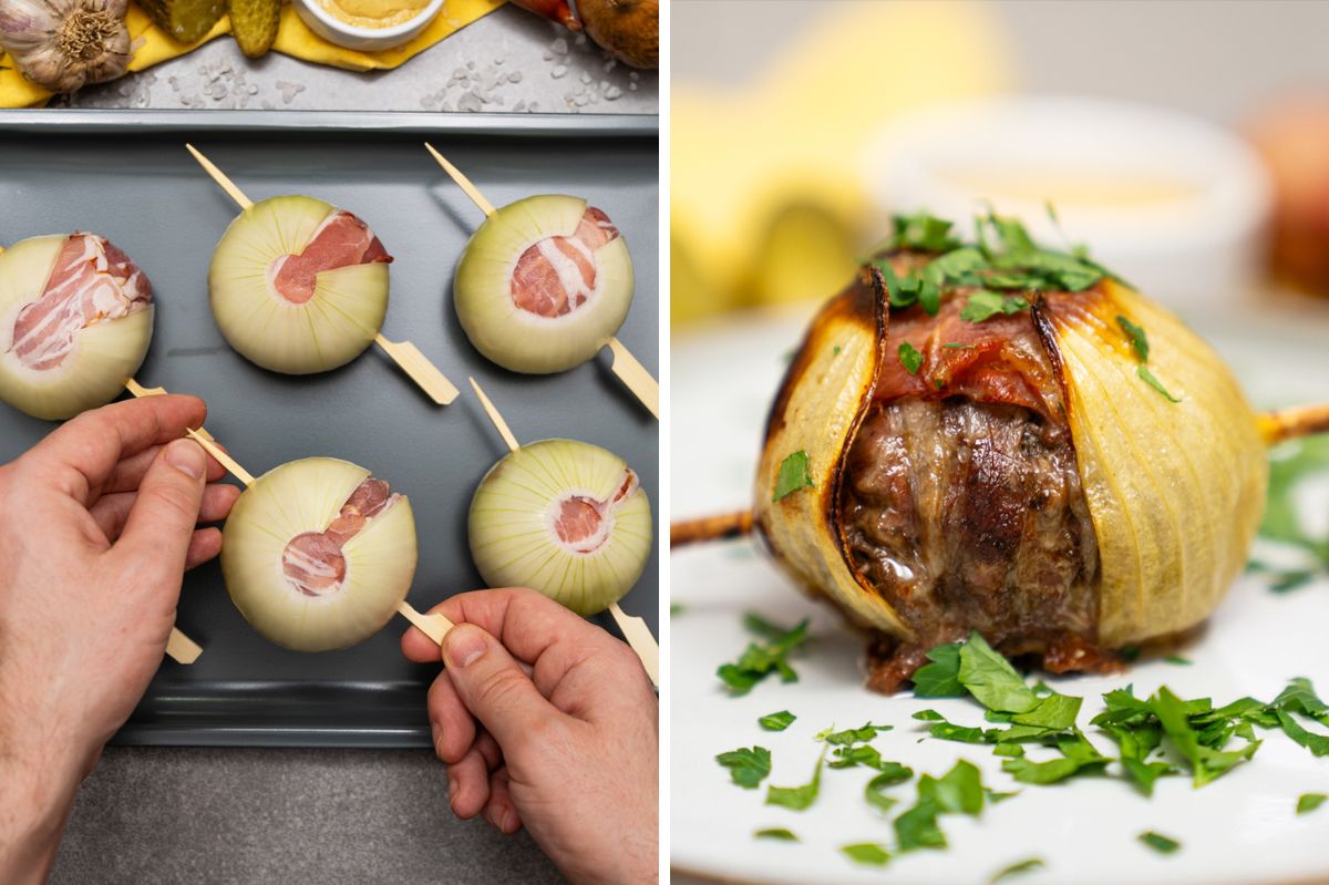 Beat the party blues with these bacon-wrapped, meat-filled onion pouches: Quick recipe