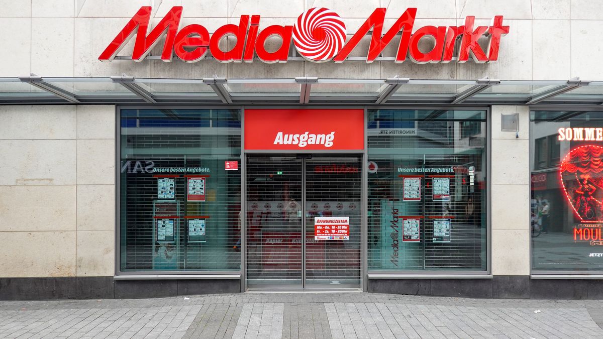 The exterior view of a Media Markt electronics retail store with signage is in Cologne, North Rhine-Westphalia, Germany, on August 3, 2025. (Photo by Michael Nguyen/NurPhoto via Getty Images)
