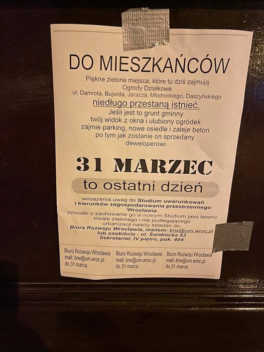 Wrocław. Ulotki przeraziły działkowców i mieszkańców ulic tam wymienionych. Nikt nie ucieszy się z zamienienia sąsiedztwa zieleni na nowe deweloperskie osiedla 