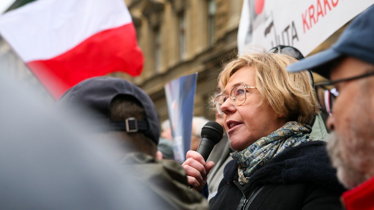 Barbara Nowak is protesting against changes in public media and in defense of Mariusz Kaminski and Maciej Wasik at Matejki Square in Krakow, Poland, on February 3, 2024. The new coalition government's changes to the public media have sparked protests from PiS supporters. The occupation of the public television's headquarters by PiS party politicians and the liquidation of TVP are a result of personnel changes and the president's veto on a budget-related bill. A protest has been organized at Matejki Square in solidarity with Mariusz Kaminski and Maciej Wasik, who are being detained by the police. (Photo by Klaudia Radecka/NurPhoto via Getty Images)