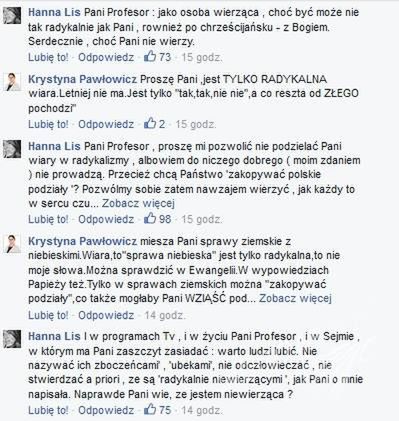 Hanna Lis odpowieda Krystynie Pawłowicz na Facebooku