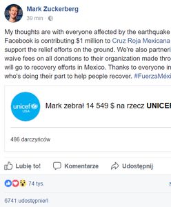 Facebook przekaże milion dolarów na pomoc ofiarom trzęsienia ziemi w Meksyku. Wspólnie z UNICEF organizują też zbiórkę pieniędzy