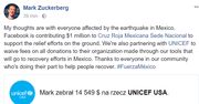 Facebook przekaże milion dolarów na pomoc ofiarom trzęsienia ziemi w Meksyku. Wspólnie z UNICEF organizują też zbiórkę pieniędzy