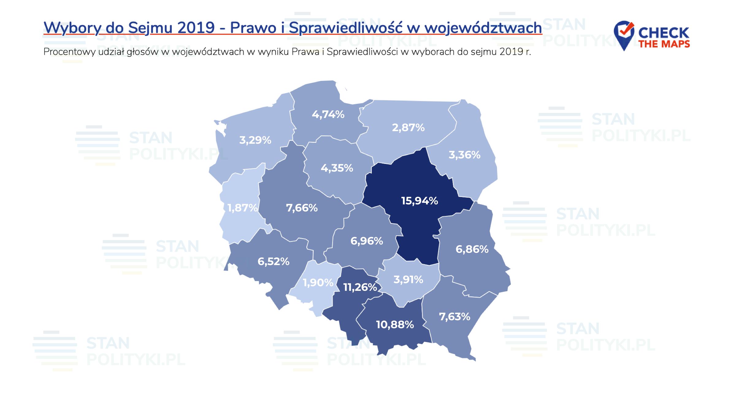 Wybory do Sejmu 2019 - Prawo i Sprawiedliwość w województwach. 