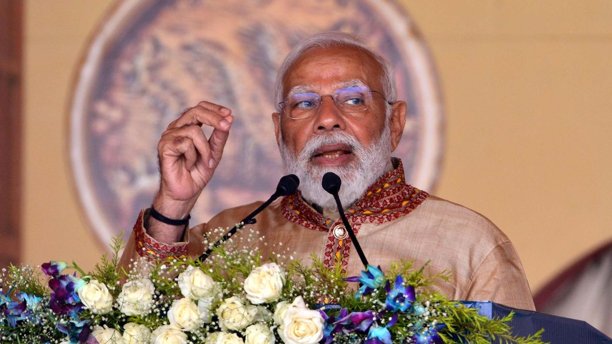 India's Prime Minister Narendra Modi is addressing a public meeting in the Jorhat district of Assam, India, on March 9, 2024. (Photo by Anuwar Hazarika/NurPhoto via Getty Images)