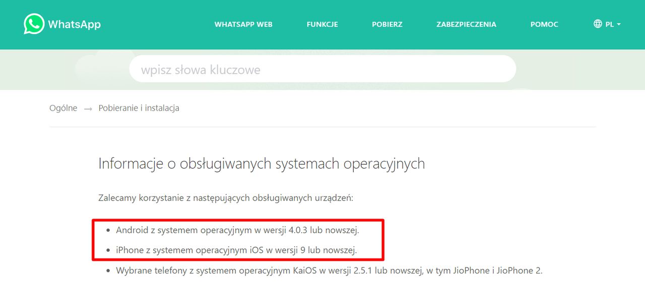 Informacja o obsługiwanych systemach mobilnych jest dostępna w FAQ WhatsAppa, fot. Oskar Ziomek.