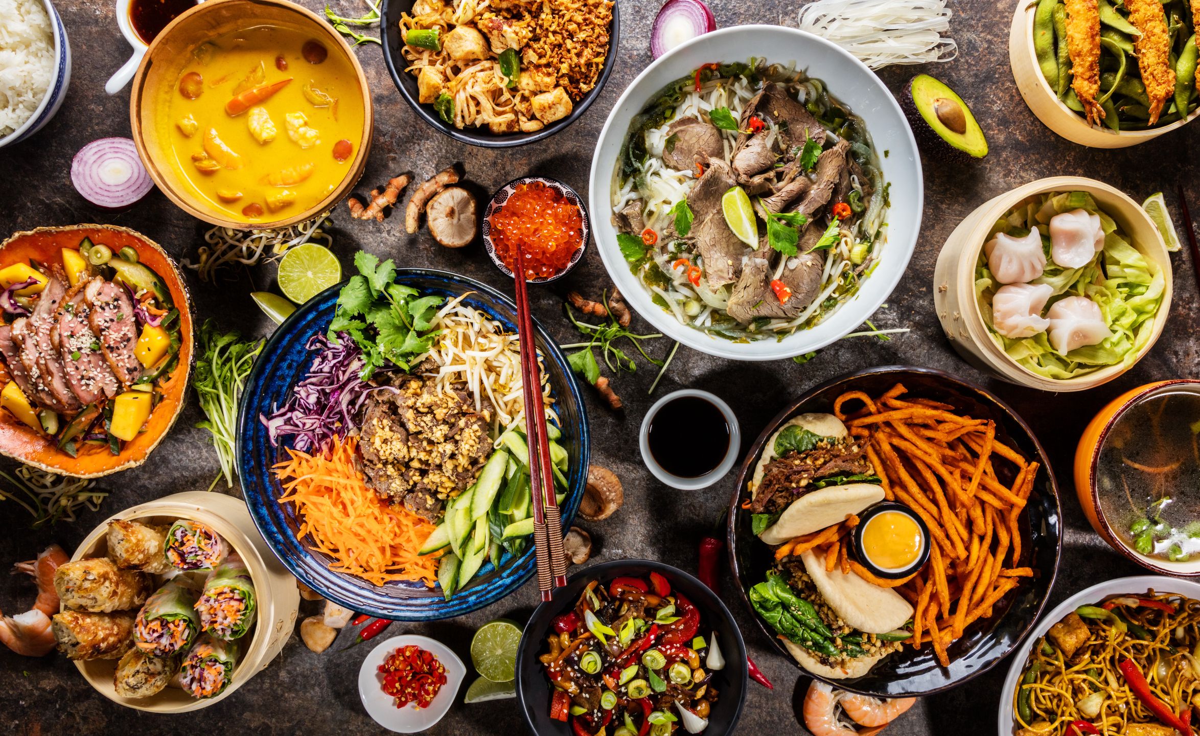 Top view composition of various Asian food in bowls, free space for text
stone, dark, black, shebby, vietnamese, dinner, noodles, stick, chopstick, thai, asia, healthy, asian, food, over, white, plank, old, grunge, cuisine, lunch, meal, dish, bowl, sauce, rice, restaurant, plate, pepper, chinese, chopsticks, meat, table, top, hot, traditional, curry, background, green, fresh, vegetable, view, china, flat lay, diet, gourmet, delicious, homemade
